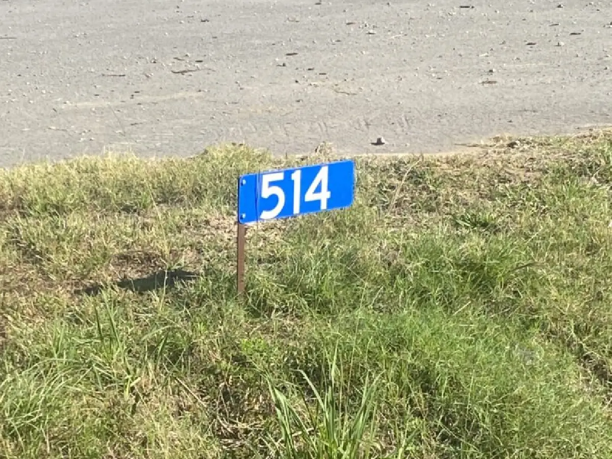 A blue sign in the grass with 5 1 4 written on it.